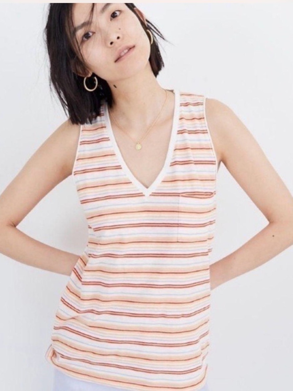 Madewell Sleeveless V-Neck Tank Top shirt Peach White red blue striped size XS